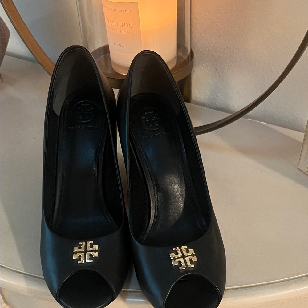 Tory Burch Jolie Black Peep Toe wedges.
